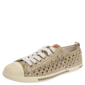 [二手商品] Prada | Prada Metallic Silver Glitter Stud Low Top Sneakers Size 35商品图片,4.6折