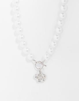 推荐Reclaimed Vintage inspired unisex ultimate pearl neclkace with molten pendant in silver商品