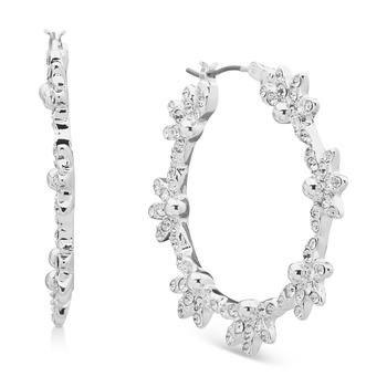 Anne Klein | Silver-Tone Crystal Flower Medium Hoop Earrings, 1.57"商品图片,