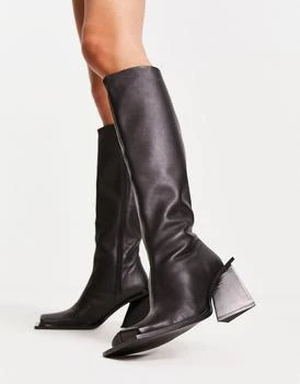 推荐Topshop Heather premium leather under the knee boot in black商品
