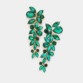 FASHNZFAB | Floral Multi Stone Evening Earrings - Emerald, Gold,商家Premium Outlets,价格¥161