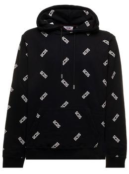 GCDS | Black Fleece Cotton Hoodie with Allover Contrasting Logo Pattern GCDS Man商品图片,7.5折