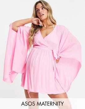 推荐ASOS DESIGN Maternity exaggerated sleeve beach cover up in pink商品