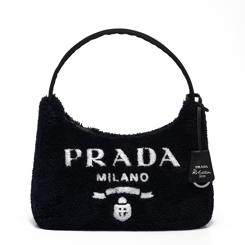 Prada | PRADA/普拉达 22新款Re-Edition 2000系列 女士迷你黑色/白色织物徽标印花饰徽标吊饰单肩斜挎毛圈包hoob流浪包1NE515_2DXO_F0967商品图片,额外9.5折, 包邮包税, 额外九五折