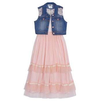 商品Big Girls Denim Vest with Tiered Clip Dot Mesh Dress, 2 Piece Set图片