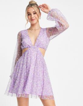 product Miss Selfridge plisse cut out mini dress in lilac ditsy image