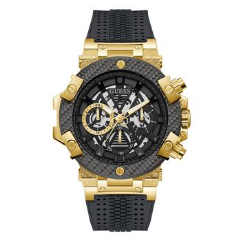GUESS | Men's Gold-Tone Gray Genuine Leather, Silicone Strap, Multi-Function Watch, 46mm商品图片,