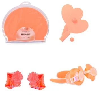 Heart shaped mini swim goggles swimming cap float bands and mini beach rackets set in orange