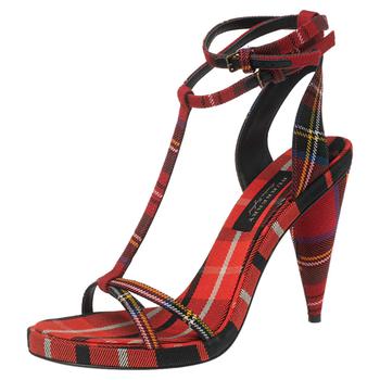 VAVA by Joy Han, Burberry | Burberry Red Novacheck Canvas Hans T-Strap Sandals Size 38.5商品图片 6.5折, 满1件减$100, 满减