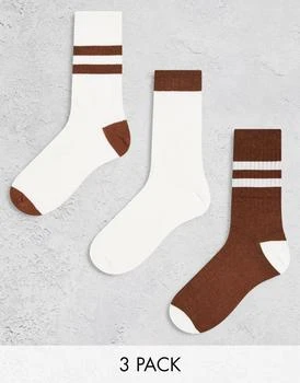 ASOS | ASOS DESIGN 3 pack  ribbed ankle sock in brown and off-white with stripes 7.5折