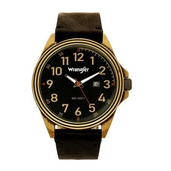 Wrangler | Men's Watch, 48MM Antique Brass Case, Black Dial with Bronze Arabic Numerals, Brown Strap, Analog Watch, Red Second Hand, Date Function 