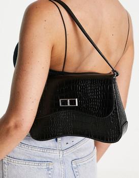 asos design, ASOS | ASOS DESIGN curved base shoulder bag with feature hardware in black croc商品图片 