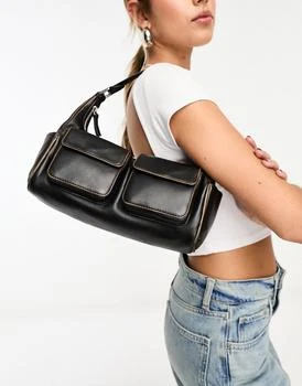 推荐Mango Capsule pocket detail leather shoulder bag in washed black商品