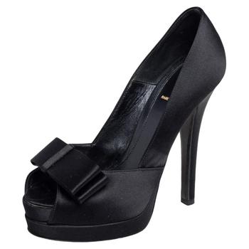 [二手商品] Fendi | Fendi Black Satin Bow Open Toe Platform Pumps Size 37.5商品图片,2.1折