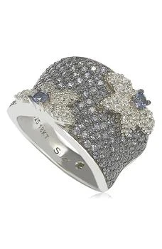 Suzy Levian | 18K Gold & Sterling Silver Pavé Blue & Created White Sapphire Diamond Accent Floral Band Ring - 0.02 ctw 3.5折, 独家减免邮费