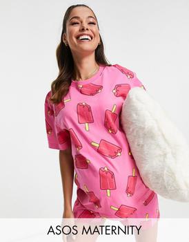 推荐ASOS DESIGN Maternity ice lolly oversized tee & short pyjama set in pink商品