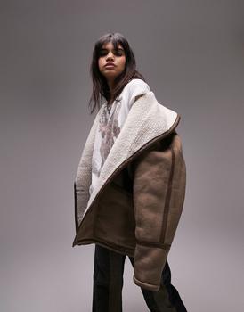 Topshop | Topshop oversized faux shearling car coat in mink商品图片,