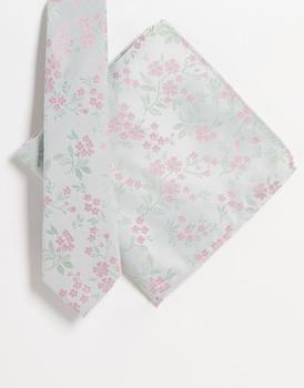 ASOS | ASOS DESIGN slim tie and pocket square with ditsy floral design in sage and pink - LGREEN商品图片,5折×额外8折x额外9.5折, 独家减免邮费, 额外八折, 额外九五折