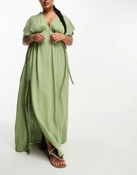 ASOS | ASOS DESIGN Curve flutter sleeve maxi beach dress with tie detail in khaki 独家减免邮费