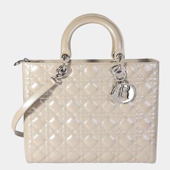 迪奥托特包, [二手商品] Dior | Dior Grey Cannage Patent Calfskin Leather Large Lady Dior Tote Bag商品图片 4.2折