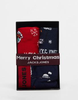 商品Jack & Jones | Jack & Jones 3 pack christmas sock & trunk gift box set in navy & red,商家ASOS,价格¥134图片