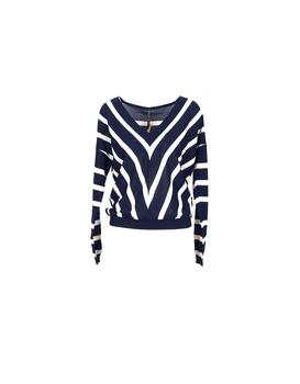 推荐White and Blue Cotton Women's V-Neck Sweater商品