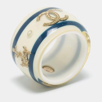 [二手商品] Chanel | Chanel CC Resin Faux Pearl Gold Tone Metal Ring Size 53商品图片,满1件减$100, 满减