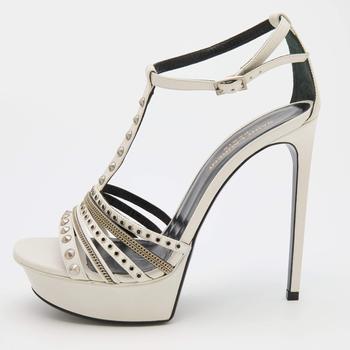 Yves Saint Laurent | Saint Laurent White Leather Alice Studded Platform Sandals Size 39.5商品图片,