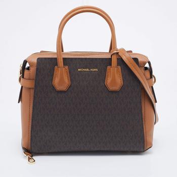 推荐Michael Kors Brown Signature Coated Canvas and Leather Belted Mercer Satchel商品