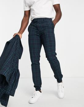 asos design, ASOS | ASOS DESIGN co-ord smart skinny crepe check trousers with jogger cuff in navy商品图片 