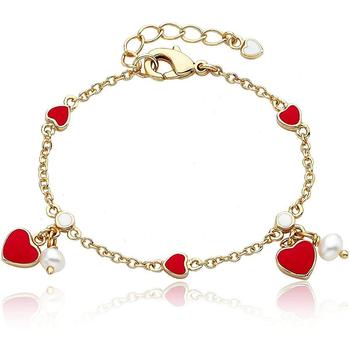 商品Rachel Glauber | 14k Yellow Gold Plated with Red Enamel Heart & Pearl Dangle Charm Bracelet,商家Jomashop,价格¥465图片