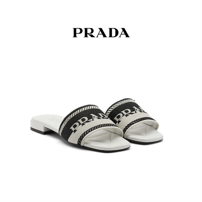 prada鞋真假, Prada | PRADA 女士白色黑色织物拼色平底拖鞋 1XX612-3LKB-F0N12商品图片 独家减免邮费