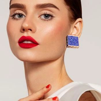 FASHNZFAB | Greek Pattern Detailed Rhinestone Embellished Square Earrings - Gold, Sapphire,商家Premium Outlets,价格¥161