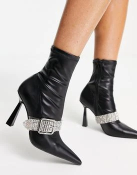 推荐ASOS DESIGN Excuse high-heeled boots with embellished buckle in black商品