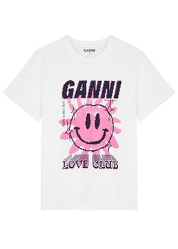 Ganni | White printed cotton T-shirt商品图片,满$1享8.9折, 满折