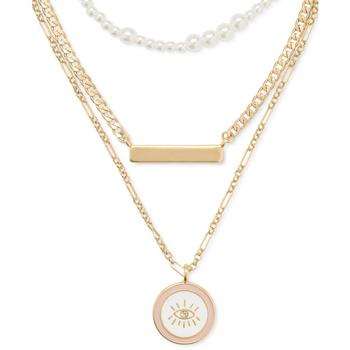 商品Lucky Brand | Gold-Tone Evil Eye & Imitation Pearl Beaded Convertible Layered Pendant Necklace, 16" + 2" extender,商家Macy's,价格¥322图片