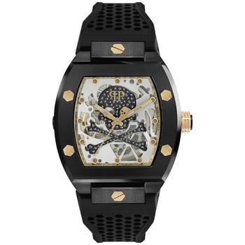 推荐Men's Automatic The Skeleton Black & Gold-Tone Tonneau Strap Watch 44mm商品