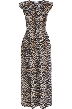 ganni连衣裙推荐, Ganni | Shirred leopard-print cotton and silk-blend midi dress商品图片 4.9折