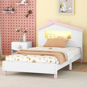 Streamdale Furniture | Streamdale Wood Twin Platform Bed with House Headboard & Night Lights (White+,商家Premium Outlets,价格¥1820