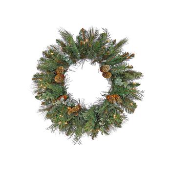 商品First Traditions Collection 24" Pre-Lit Artificial North Conway Wreath with Glittery Cones and Eucalyptus图片