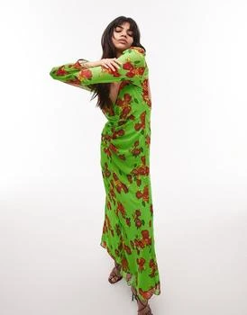 Topshop | Topshop gathered floral open back long sleeve maxi dress in green 3.5折