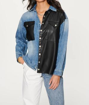 商品Unreal Leather & Denim Boyfriend Shacket in Blue/Black图片