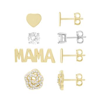 Essentials | High Polished and Cubic Zirconia Heart, Flower, Mama Solitaire Mix Match 4 Stud Earring Set, Gold Plate and Silver Plate商品图片,3.5折