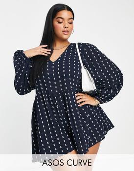asos design, ASOS | ASOS DESIGN Curve puff sleeve smock playsuit in textured navy商品图片 
