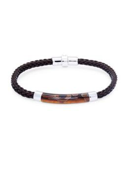 Effy | Tiger's Eye, Sterling Silver & Leather Braided Bracelet商品图片,3折