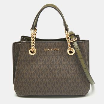 小棕瓶, Michael Kors | Michael Kors Brown Signature Coated Canvas Small Teagen Satchel商品图片 5折