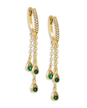 商品Green Teardrop Chain Charm Pavé Hoop Earrings in 14K Gold Plated Sterling Silver图片