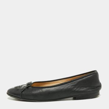 推荐Chanel Black Leather and Patent CC Cap-Toe Bow Ballet Flats Size 38商品