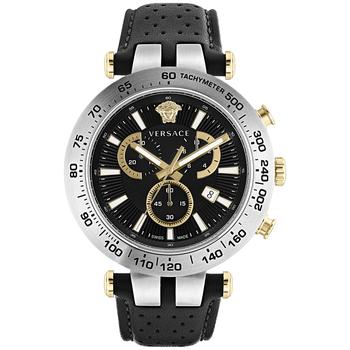 Versace | Men's Swiss Chronograph Bold Black Perforated Leather Strap Watch 46mm商品图片,