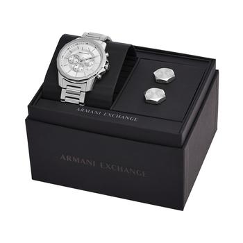 Armani Exchange | Men's Chronograph Silver-ToneStainless Steel Bracelet Watch, 44mm and Cuff Links Gift Set商品图片,